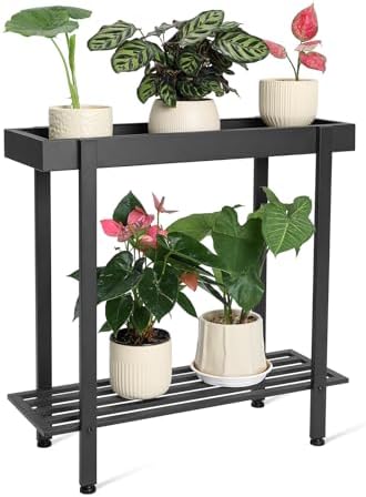Honla 2 Tier Metal Plant Stand,Indoor Outdoor Plant Table for Window,Black by Honla
