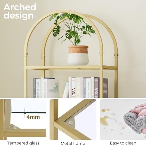 Homhedy 6-Tier Tall Gold Bookshelf, Arched Bookcase with Glass Shelves - Image 4