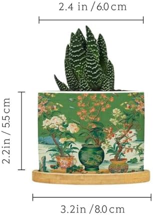 Vase Green Chinoiserie Planter Ceramic Daily Round Plant Pot with Drainage Holes and Bamboo Tray Pot for Indoor Outdoor Garden - Image 2