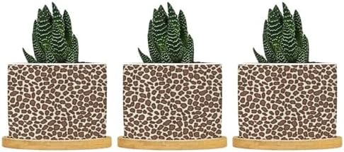 Leopard Brown Dot Planters Ceramic African Tribal Animal Print Round Flower Pot with Drainage Holes and Bamboo Tray Pot for Succulents Cactus Garden Windowsill by BRUYU5SE