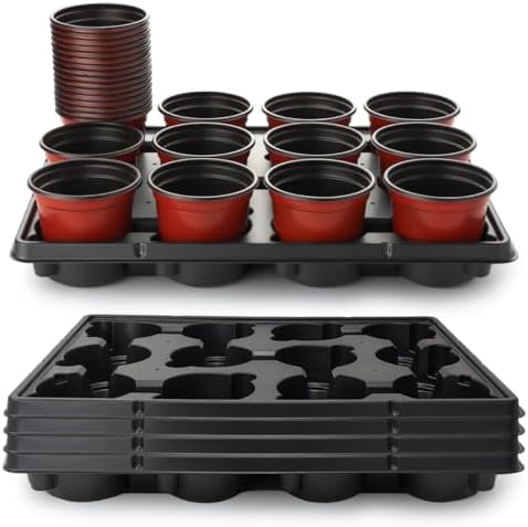 RooTrimmer 4 inch Round Nursery Pots 60pcs, 12 Cell Nursery Pots Trays 5 Pcs, Sturdy Seeds Starting Germination Shuttle Carrying Trays, Small Planter Nursery Propagation 5 Sets by RooTrimmer
