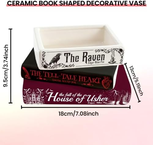 Small Book-Shaped Ceramic Planter for Flowers, Gothic Vase for Bookshelf Home Office Decor, Unique Decorative Gifts for Book Lovers, Edgar Allan Poe,The Raven - Image 2
