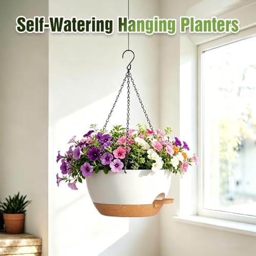 13 Inch Large Self Watering Hanging Planters 2 Pack with Saucers - Image 2