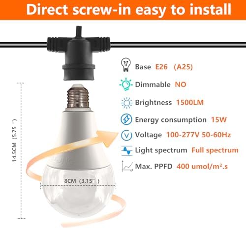 A25 LED Grow Light Bulb - 15W (150W Equivalent), Full Spectrum, E26 Base for Indoor and Outdoor Plants - Plus Size Bulb (6-Pack) - Image 2