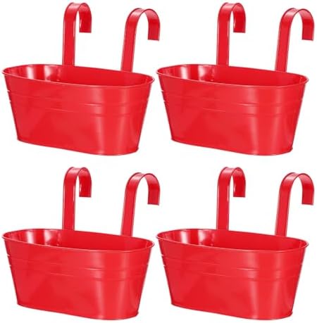uxcell Rail Planter for Outdoor Plants, 4 Pcs 11" Iron Wall Hanging Planters Fence Railing Balcony Planters with Drainage Holes and Detachable Hooks, Red by uxcell
