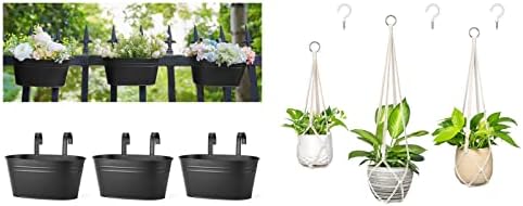 Dahey 3 Packs Metal Iron Hanging Flower Pots for Railing Fence Hanging Bucket Pots and Set of 3 Macrame Plant Hanger Set of 3 with Hooks Indoor Hanging Planter for Home Decor by Dahey