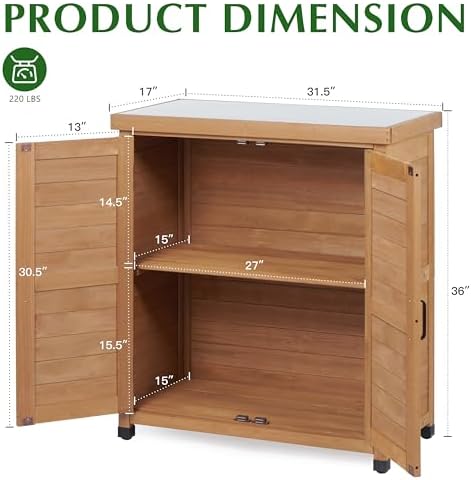 Outdoor Storage Cabinet & Potting Bench Table with Metal Top, Wooden Patio Furniture, Garden Workstation (Light Brwon, 36x31x17in) - Image 3