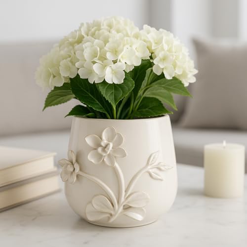 Ceramic Planter and Flower Pot for Home Decor – Elegant Plant Pot with Sculpted Floral Detail for Indoor and Outdoor Use – Adds a Romantic Touch to Garden, Patio, Living Room, or Shelf – 6" Ivory by NESSANDJORD