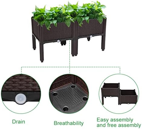 Outvita 2 Sets Raised Garden Bed with Legs, Square Elevated Planter Garden Box with Drainage Plug for Indoor Outdoor Planting Flowers Vegetables Tomato and Herbs(Brown) - Image 2