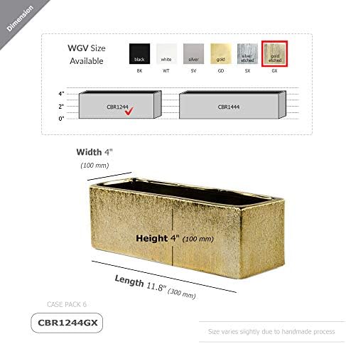 WGVI Long Rectangle Ceramic Planter Vase in Gold Etched 12" x 4" x 4"H, Block Rectangular Terrarium Box Pot, Flower Arrangement, Table top Centerpiece, Home Decor Storage Container, 1 Pc. - Image 2