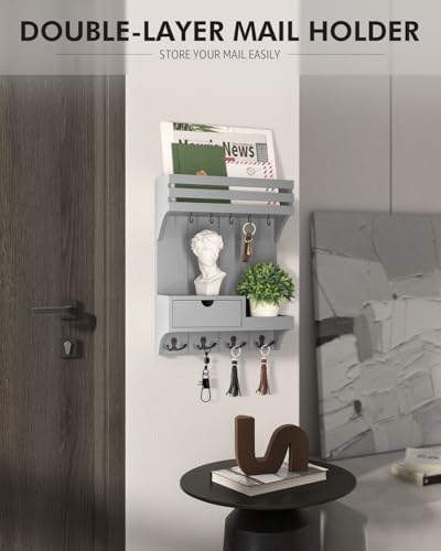Rebee Vision Key Holder Wall Mount with Drawer & Shelf for Entryway, Gray - Image 2