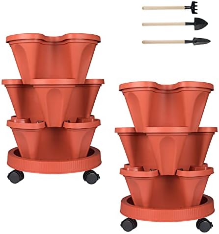 GameXcel Vertical Planter Tower - 3 Tier Stackable Garden Planters with Wheels and Tools Plant Pots for Strawberry Herb Flower and Vegetable Indoor Outdoor Use Red 2 Pack by GameXcel