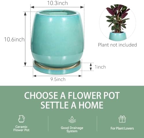 10.3 Inch Ceramic Glaze Plant Pot with Saucer, Flower Pots with Drainage Hole Mesh Net (Spot Green) - Image 6