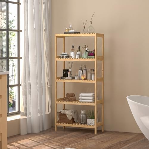 Bamboo Rack, Adjustable Bamboo Shelf, Bathroom Living Room, 5-Tier - Image 6