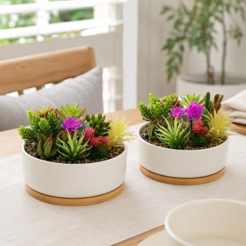 LOGOFUN White Ceramic Succulent Planter Pot with Bamboo Tray - Round - Image 4
