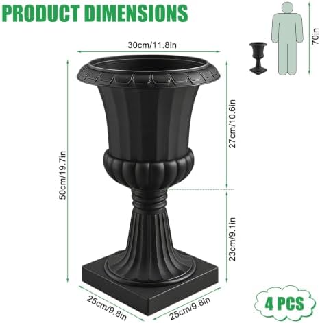 Two Pack 20 Inch Tall Plastic Urn, Classic Outdoor Planter, Front Door Decor, Large Succulented Display, Faux Pots, Wedding Entryway Ornament, Patio Stand Black 4 PCS - Image 2