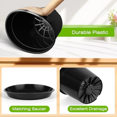 FUIJOL 7 Gallon Plastic Pots with Drip Trays, Sturdy Gallon Plant Pots with Drainage Holes, Large Gallon Pots for Flowers, Ideal for Indoor and Outdoor Use (7Gallon-4PACK) - Image 2