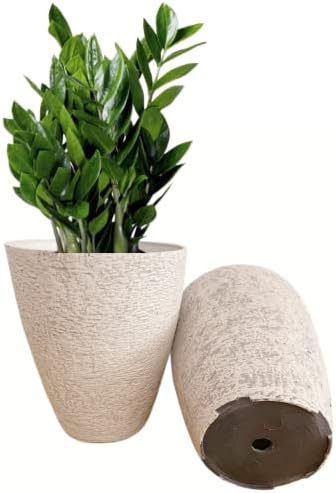 10 inch Garden Planter Lightweight Indoor Outdoor Pots with Drainage Hole for Potted Plants Flowers Greenery, Set of 2 (Beige Grain Texture) by Unknown