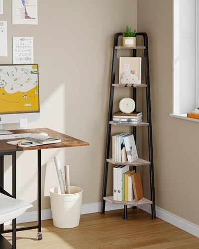 CHOEZON Corner Shelf, 5-Tier Ladder Corner Shelf, Ladder Bookshelf, 59.6" Tall Vertical Display Stand, Metal Frame Bookshelf, for Living Room, Bedroom, Kitchen, Greige and Black TCJ20BG - Image 3