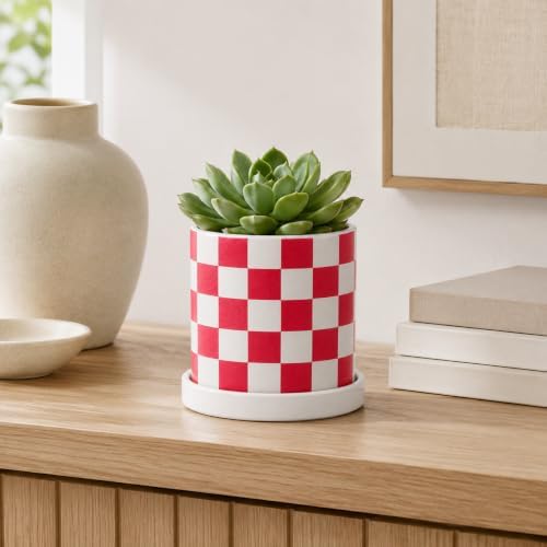 Checkered Ceramic Planter Pot with Drainage Hole and Saucer, Black and White Planters Decor,Indoor Cylinder Round Planter Pot (Red, Medium) - Image 5