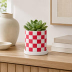 Checkered Ceramic Planter Pot with Drainage Hole and Saucer, Black and White Planters Decor,Indoor Cylinder Round Planter Pot (Red, Medium) - Image 5
