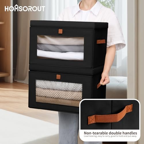 Homsorout Collapsible Storage Bins - Large Stackable Organizer Bins, Decorative Boxes with Handles & Window, Fabric Containers for Living Room, Closet, Dorm, 6 Pack, Black - Image 4