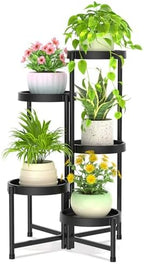 iDavosic.ly 5 Tier Folding Plant Stand Indoor Outdoor, Plastic Tray, Black by iDavosicly