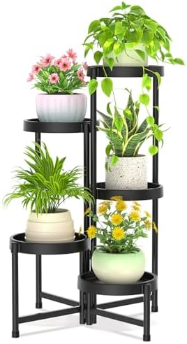 iDavosic.ly 5 Tier Folding Plant Stand Indoor Outdoor, Plastic Tray, Black by iDavosicly