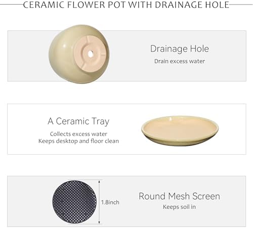 10.3 Inch Ceramic Planter with Saucer,Modern Garden Pots with Drainage Hole Mesh Net, for Indoor Outdoor Use (Pink Yellow) - Image 4