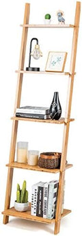 Tangkula Bamboo 5-Tier Ladder Shelf Bookshelf, Wall-Leaning Bookshelf, Plant Flower Stand, Storage Display Shelves for Living Room Bathroom Office, Multifunctional Ladder Bookcase (Natural) by TANGKULA