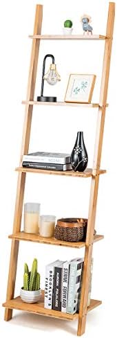 Tangkula Bamboo 5-Tier Ladder Shelf Bookshelf, Wall-Leaning Bookshelf, Plant Flower Stand, Storage Display Shelves for Living Room Bathroom Office, Multifunctional Ladder Bookcase (Natural) by TANGKULA