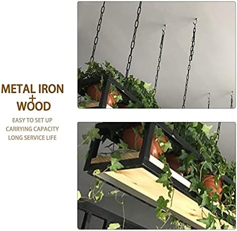 Retro Ceiling Flower Shelf/Plant Stand, with Chain Article and Wood Holder Storage Shelving for Balcony Kitchen, Living Room Restaurant Hanging Decor Racking - Wine Holder - Pot Pan Rack - Image 5