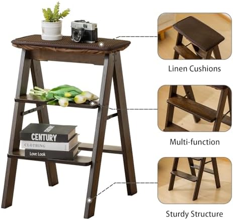 Latifolia Foldable 3 Step Ladder, Bamboo Step Stool with Floor Saver, Decorative Ladder Shelf for Living Room, Kitchen, Garden(Dark Walnut) - Image 4
