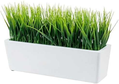 MyGift 14 Inch Artificial Green Grass Plant White Concrete Planter by MyGiftHome
