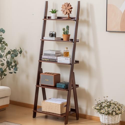 DOUSY-5-Tier Ladder Shelf Bookcase, Bamboo Ladder Bookshelf Leaning Book Shelf, Freestanding Storage Shelf Boho for Living Room, Home Office, Bedroom, Balcony, Dark Walnut - Image 2