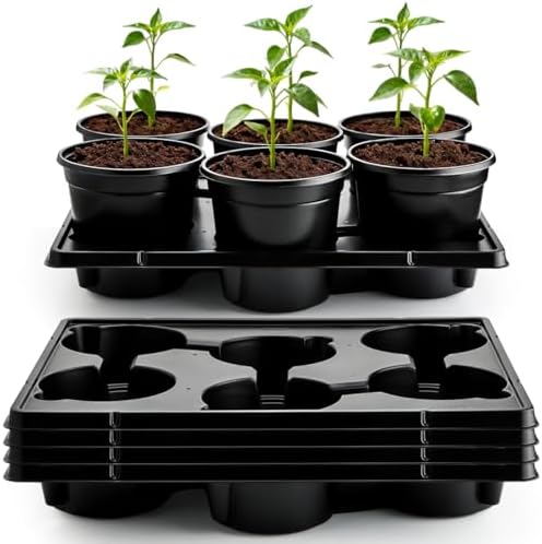 RooTrimmer 6 Inch Plastic Plant Pots 30 Pack and 6 Cell Nursery Pots Trays 5 Pack, Sturdy Seeds Starting Germination Shuttle Carrying Trays, Black Nursery Planting Propagation 5 Sets by RooTrimmer