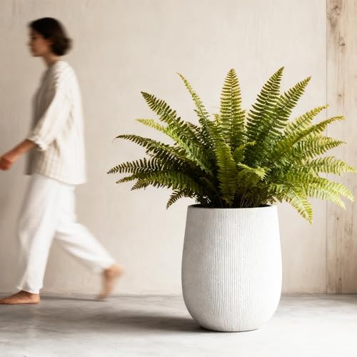 Worth Garden White Large Round Planter, 12.5" Dia x 18.5" H Lightweight Magnesium Oxide Cement Plant Pot with a Striped Textured Finish, Raised Pattern Concrete Look, Drainage Hole, Indoor & Outdoor - Image 7