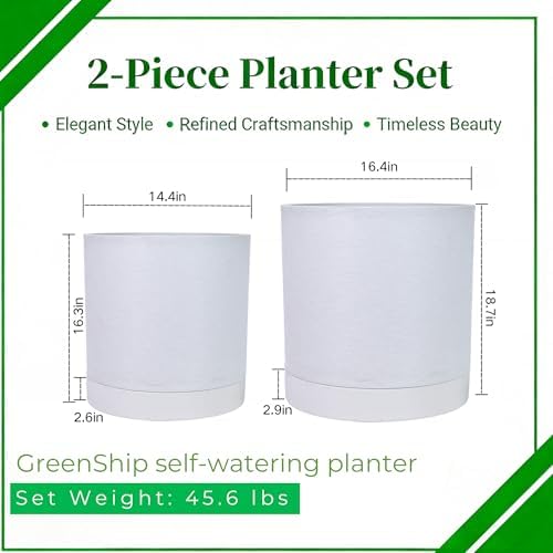 GreenShip Planter Set of 2 (13.8" & 11.8") – Cylinder Planters with Drainage Hole and Planter Saucer, Jun Porcelain Clay & Recycled Resin, Decorate Home,Office & Outdoor,White pots - Image 2