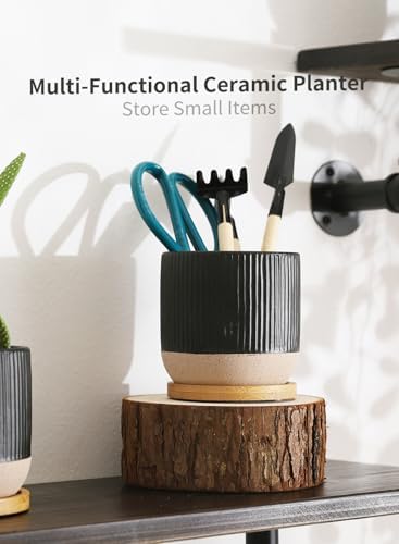 4" Black Ceramic Plant Pots with Drainage Holes & Trays Set of 4 - Image 7