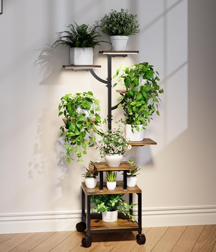 Plant Stand Indoor with Grow Lights - 7-Tier Plant Stand with Wheels, Tall Metal and Wood Indoor Plant Shelf with Tree Design, Rolling Flower Pot Holder Rack with Waterproof Finish, Adjustable Display Stand for Home Garden, Patio, 41" Tall by Unknown