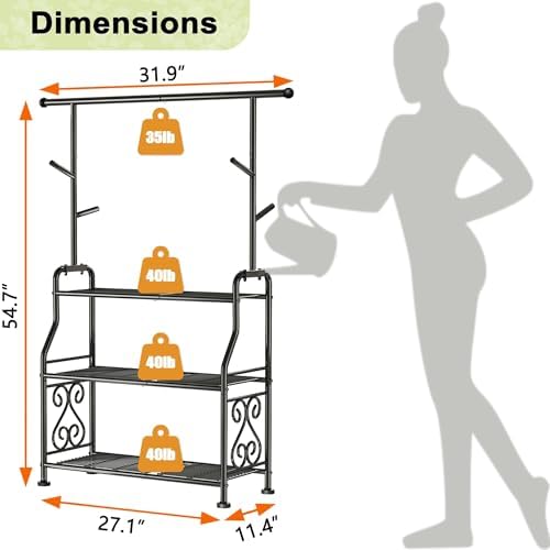 GIOTORENT Plant Stand Indoor, 3-Tier Heavy Duty Metal Shelf for Patio & Indoor, Tall Plant Holds 14+ Plants with 5 Hooks, Rust-Proof Plant Holder for Garden, Balcony, Living Room, Black - Image 3