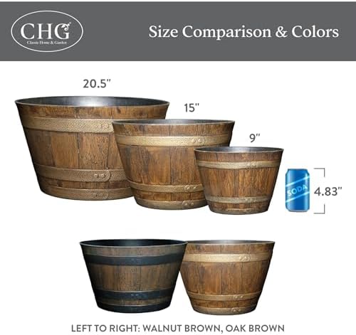 Classic Home and Garden Outdoor Round Whiskey Resin Flower Pot Barrel Planter, Distressed Oak Brown, 20.5" (Pack of 3) - Image 6