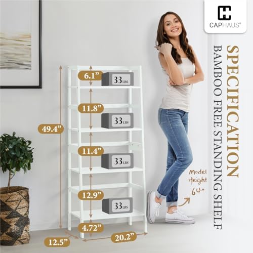 CAPHAUS Bookshelf, 5-Tier Ladder Shelf, Floor Bookcase with Bamboo Frame,Freestanding Storage Shelves Display Shelf, for Living Room,Home Office,Bedroom,Kitchen,Bathroom,Plant Stand,White - Image 2