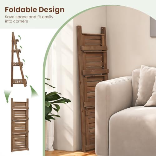 GIANTEX Foldable Wooden Plant Stand, 4-Tier Ladder Plant Shelf, Brown - Image 4