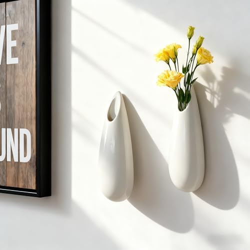 White Ceramic Wall Vases, Set of 2, 7.9 Inch, Teardrop Design - Image 6