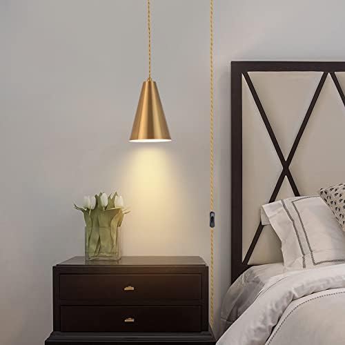 Gold Plug In Pendant Light,Hanging Lights With Plug In Cord On/Off Switch, Mini Brass Pendant Lights for Kitchen Island,Modern Chandeliers Light Fixture with Metal Shade,Hanging Lamps for Bedroom - Image 2