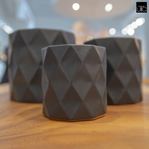 Round Ceramic Pot with Embossed Rectangle Design Outdoor/Indoor Medium Ceramic Decorative Planter for Garden Patio Balcony Home: Black 7.25"x7.25"x6.75"H; 5.75"x5.75"x5.75"H; 4.25"x4.25"x4.25"H - Image 3