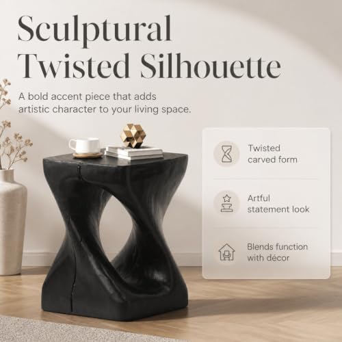 Twisted Solid Wood Accent Table, Hand-Carved Sculptural End Table, 12x12x16 inch Rustic Wooden Stool, Modern Geometric Side Table for Living Room Bedroom, Natural Wood Nightstand Plant Stand - Image 3
