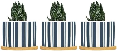 New Grain Sack Blue Stripes Planter Ceramic Round Plant Pots with Drainage Holes and Bamboo Tray Pot for Succulents Cactus Garden Windowsill by BRUYU5SE