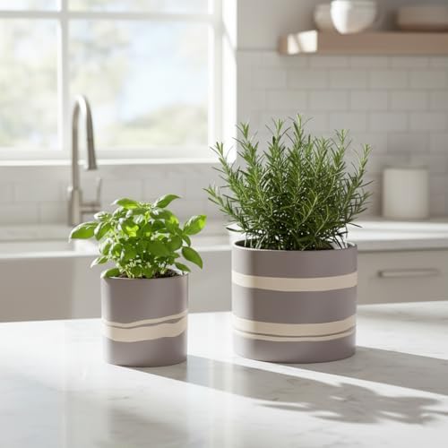 Nihow Modern Ceramic Plant Pot - 5 + 7 Inch Flower Pot for All Indoor Plants - Sturdy Planter Pots with Drainage Hole & Rubber Plugs - Semi-Matte Gray & Nature - Plants Not Included - Image 6